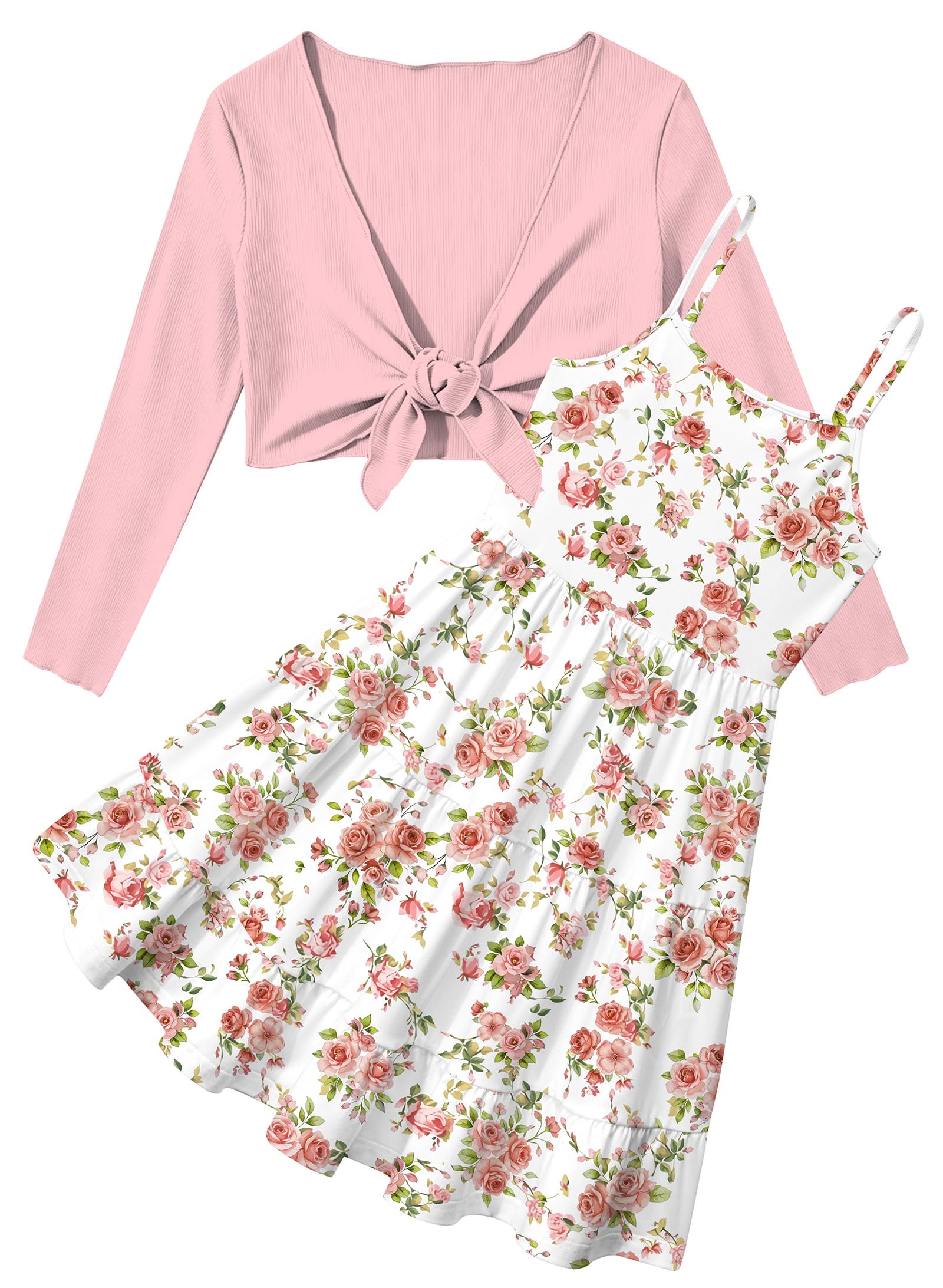 RAISEVERN Girls Adjustable Strap A-Line Dress with Front Tie Cardigan 7-14Y