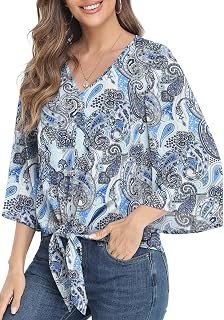 Women Chiffon Tops V Neck 3/4 Button Bell Sleeve Tie Knot Casual Loose Summer Blouses