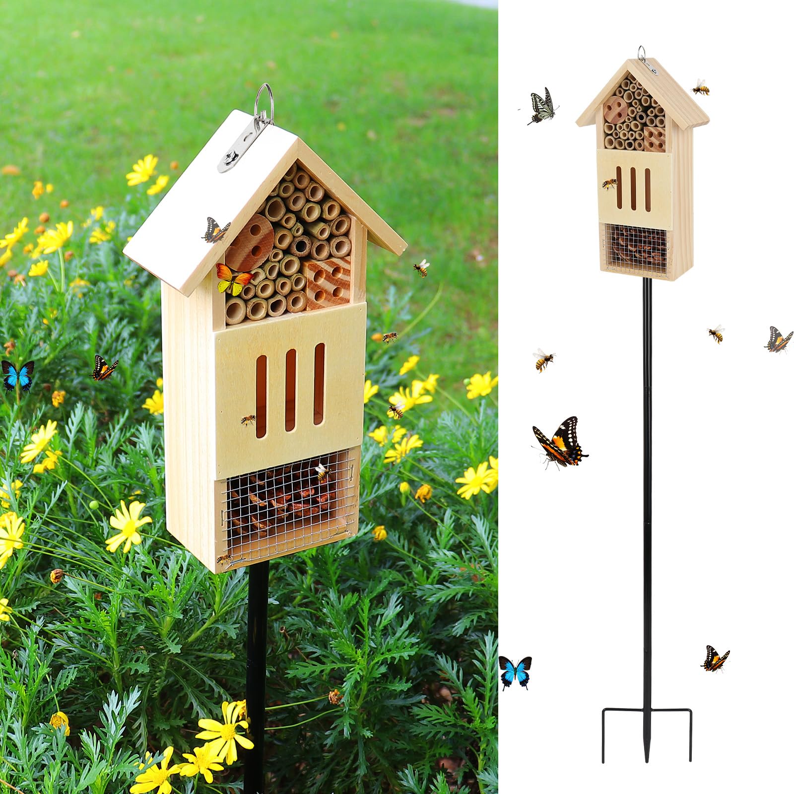 Wooden Insect House, Bee House with Metal Stake for Garden | Natural Ladbugs Ben