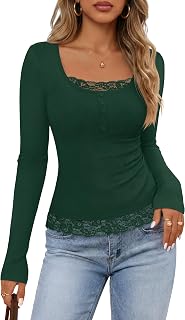 MEROKEETY Womens Fall Lace Trim Tops Cute Long Sleeve Scoop Neck Shirt 2026