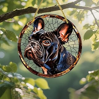 Colorful Acrylic Dream Catcher, French Bulldog in Stained Glass 7" Wall Decor with Printed Stained Glass Design, Gift Idea and Garden Ornament for Indoor and Outdoor Use