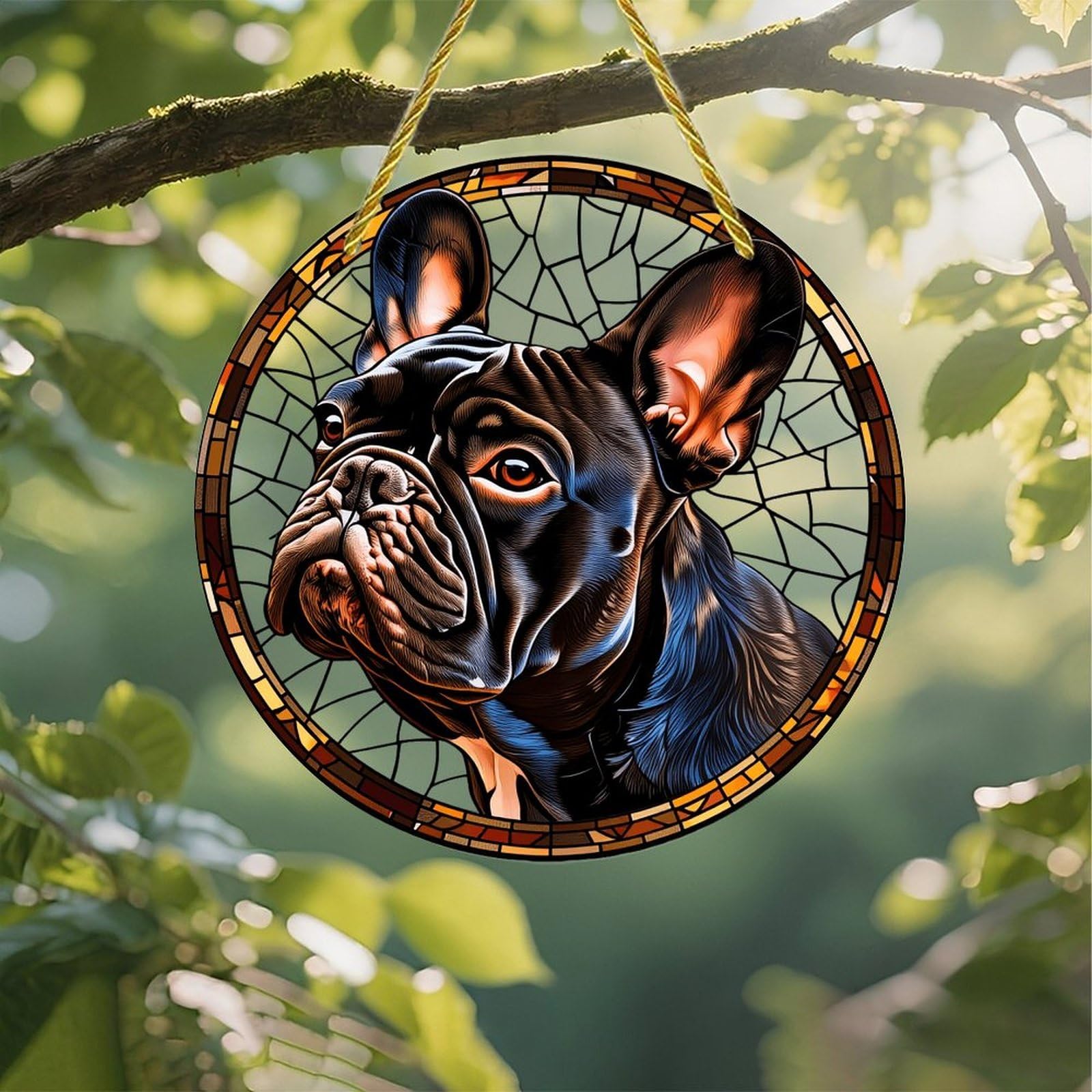Colorful Acrylic Dream Catcher, French Bulldog in Stained Glass 7" Wall Decor wi