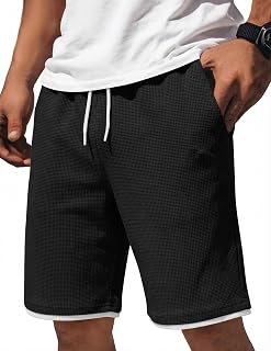 COOFANDY Pantalones cortos casuales de algodón con cordón de 7/9 pulgadas para hombre, pantalones cortos de punto gofre con cintura elástica para verano, playa, descanso