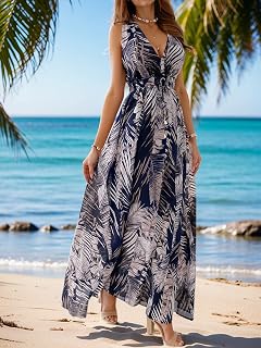 Women Summer Maxi Dress Sexy V Neck Sleeveless Boho Sun Dress Women 2025 Long Flowy Beach Dress Casual