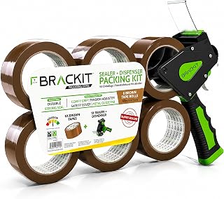 brackit Tape Gun Dispenser with 6 Brown Packing Tape Rolls 48mm x 66m | Pack of 6 strong brown parcel tape rolls with heavy duty tape gun for sealing parcels, boxes, moving, and daily use.