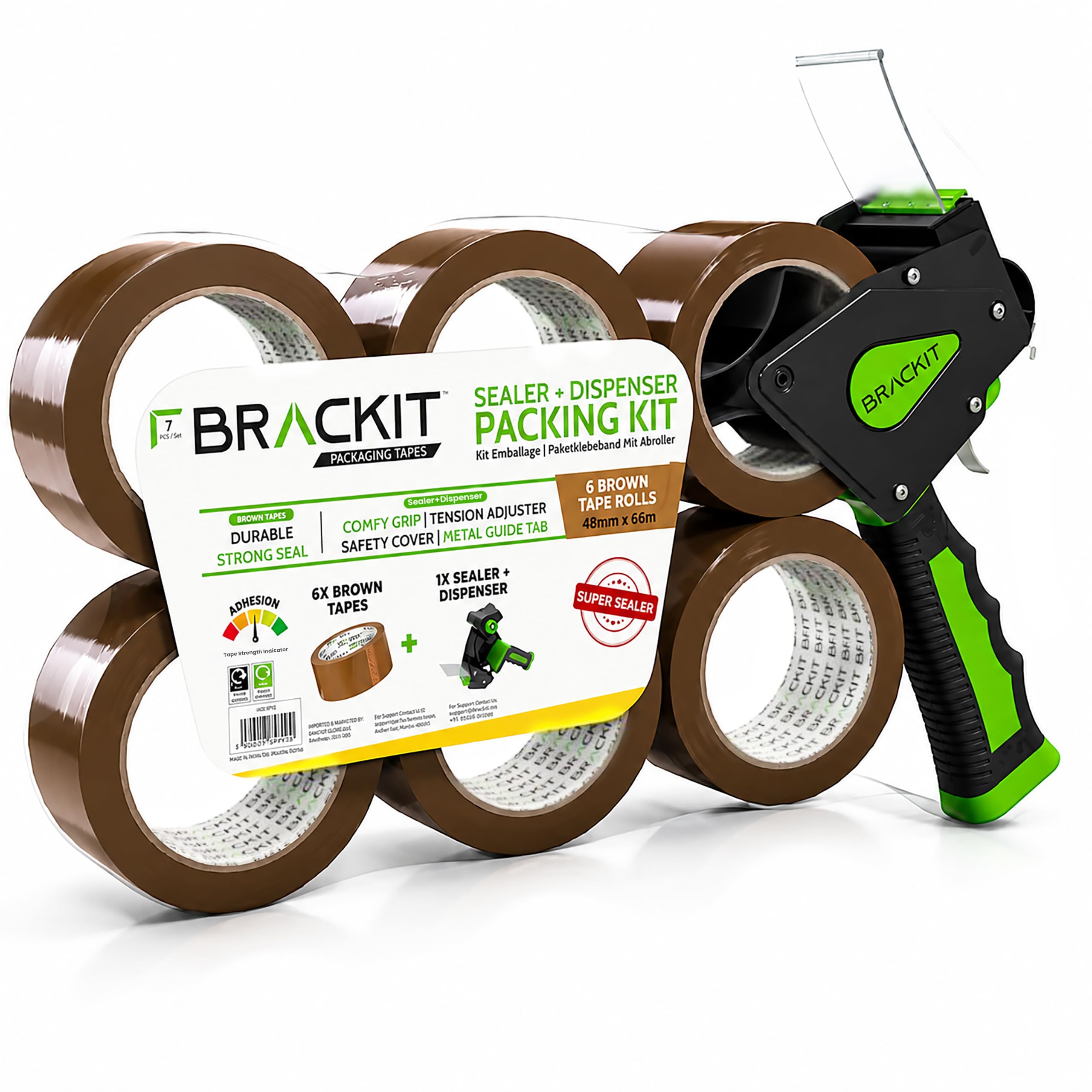 brackit Tape Gun Dispenser with 6 Brown Packing Tape Rolls 48mm x 66m | Pack of 