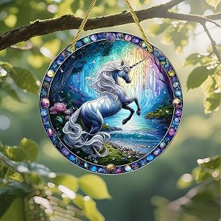 Colorful Acrylic Suncatcher Unicorn Jumping Over Forest by Lake 7 Inch Colorful Glass Printed Wall Art Decor Gift and Garden Ornament for Indoor and Outdoor