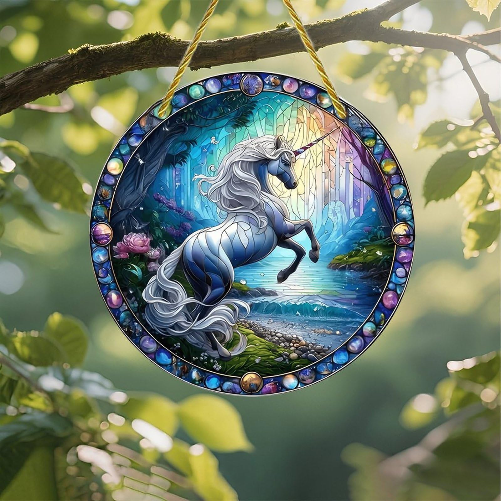 Colorful Acrylic Suncatcher Unicorn Jumping Over Forest by Lake 7 Inch Colorful 