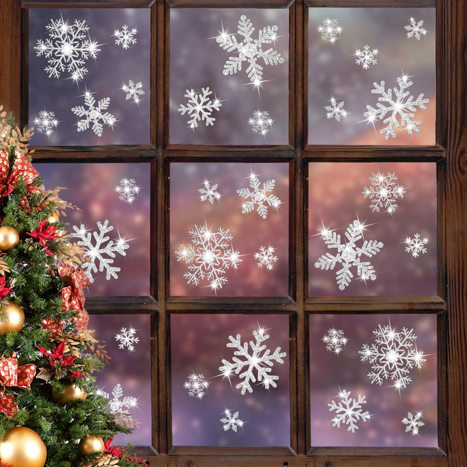 LUDILO 240Pcs Christmas Window Clings Glitter Snowflakes Window Decals Static Wi