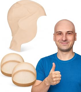 Kangaroo Realistic Beige Latex Bald Cap & 2 Nylon Wig Caps for Men & Women | Stretchable Fake Scalp Makeup Accessory for Cosplay & Dress up Funny Costumes Wigs