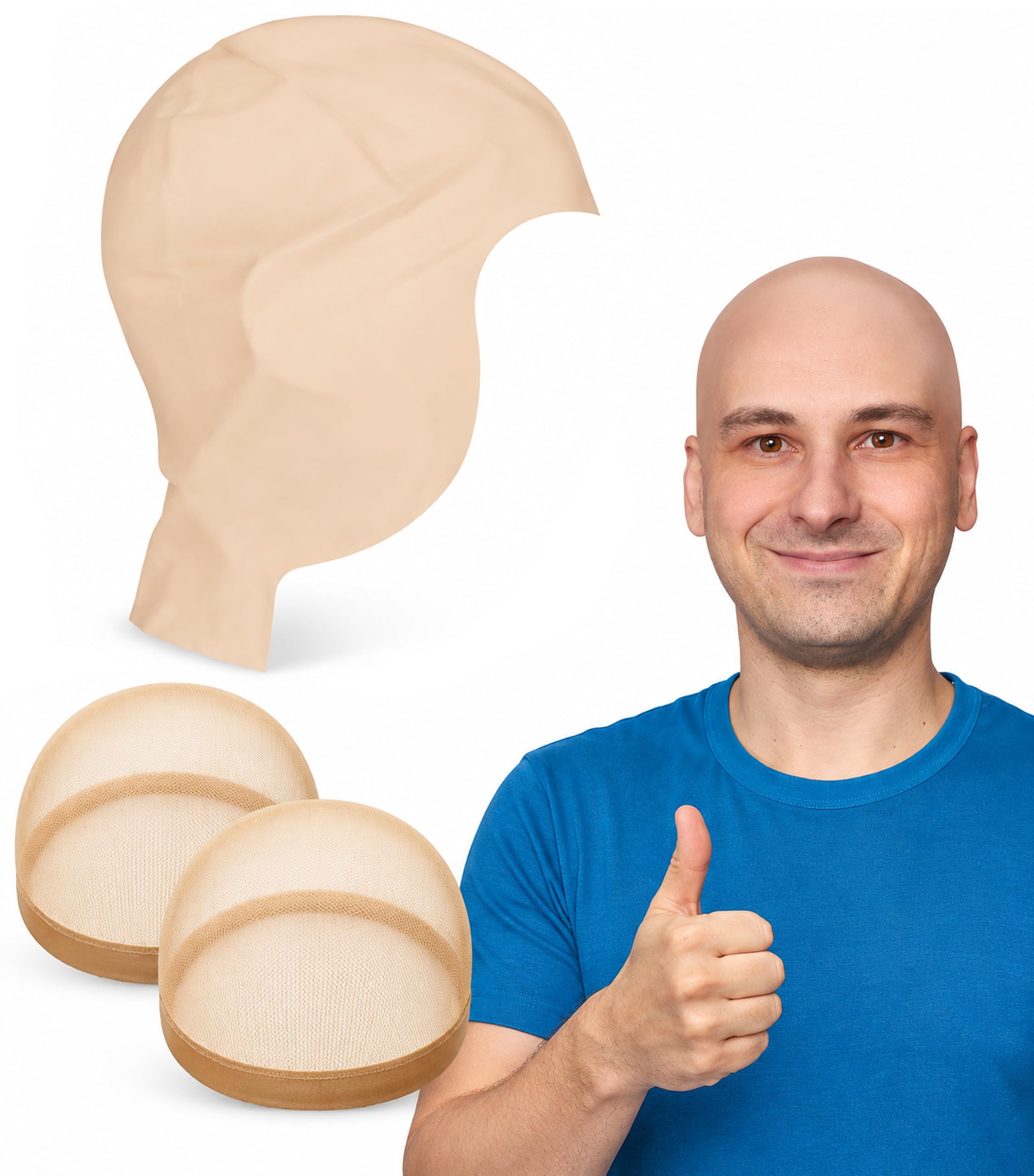 Kangaroo Realistic Beige Latex Bald Cap & 2 Nylon Wig Caps for Men & Women | Str