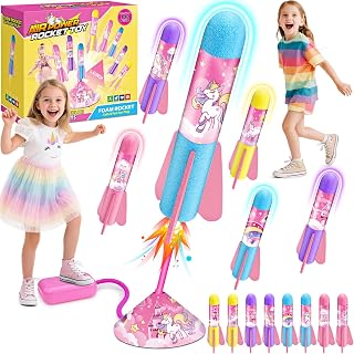 Anginne Unicorn Jump Rocket Toy for Kids 3-12, 8 Foam Rockets Outdoor Space Toys Garden Game, Jump to Launch Air Blaster Toy for Girls Age 3 4 5 6 7 8-12 Birthday Presents
