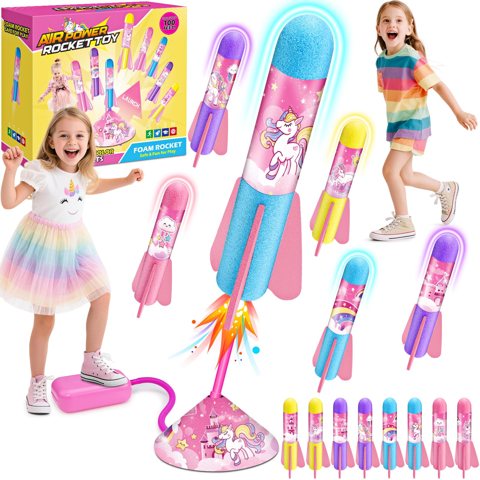 Anginne Unicorn Jump Rocket Toy for Kids 3-12, 8 Foam Rockets Outdoor Space Toys