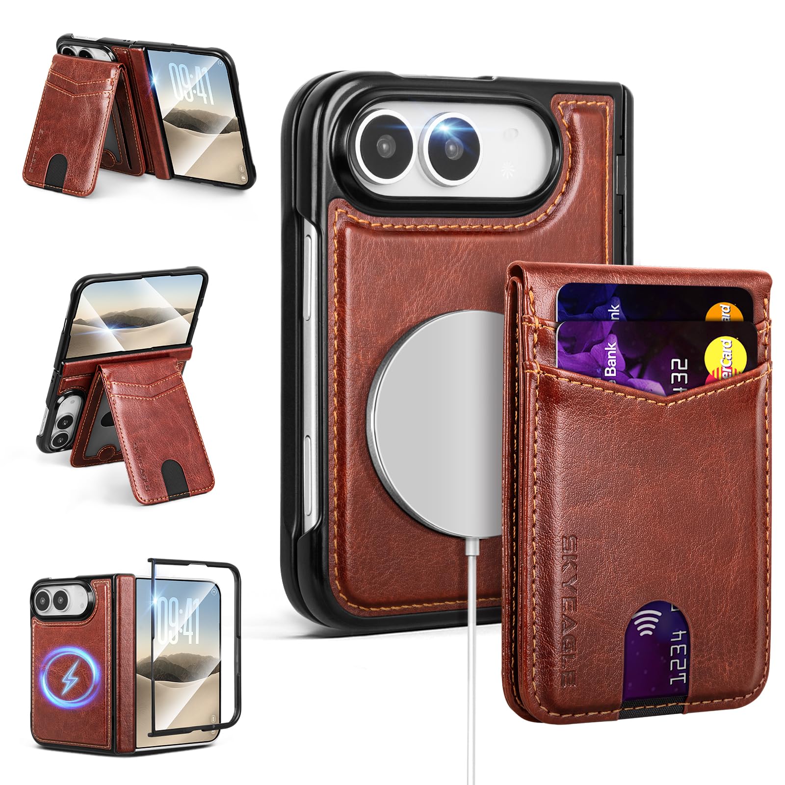 SkyEagle for iPhone Duo Wallet Case Compatible with Magsafe,Brown | Built-in Scr