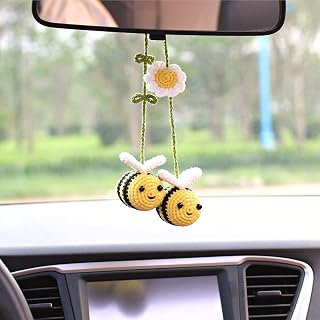 Bunny Crochet Bee Car Rear View Mirror Holder, Cute Bumblebee Hanging Ornament, Gift for Bee Lovers, Crochet Lovely Bag Ornament, Automotive Interior Decorations