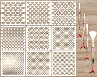 9 Pieces Mermaid Scale Stencil - Reusable Mermaid Face Makeup Stencils Fish Scale Templates and 4 Pcs Eye Makeup Brushes - Women Girl Cute Make Up DIY Tool Set