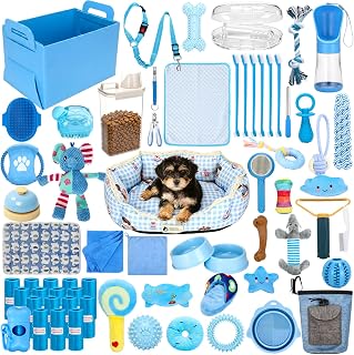 Abbylike 75 Pcs Puppy Supplies Starter Kit for Small Dogs, Blue | New Puppy Essentials Starter Kit, for School Dog Toys, Includes Dog Leash, Bowl, Brushes, Water Bottles, Welcome Gift