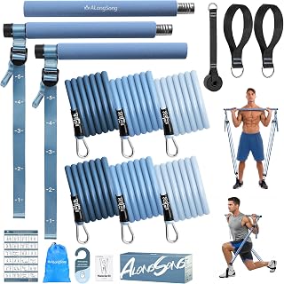 ALongSong Pilates Equipment Pilates Reformer Bar Set with Resistance Bands 20-180LBS for Home Gym Workout Fitness Yoga Twisting Squat Strengthen Muscles Enhance Flexibility Body Shaping