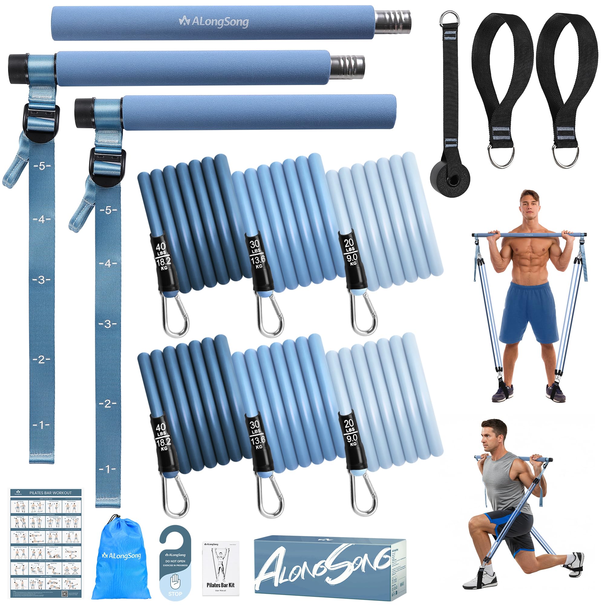 ALongSong Pilates Equipment Pilates Reformer Bar Set with Resistance Bands 20-18