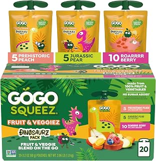 GoGo squeeZ No Sugar Added Jurassic Fruit & veggieZ Applesauce, 20 Count | Kids On The Go Fruit & Veggie Snack with Pear, Berry & Peach; 3.2 Oz Pouches, Gluten and Nut Free, Recloseable Cap, BPA-Free