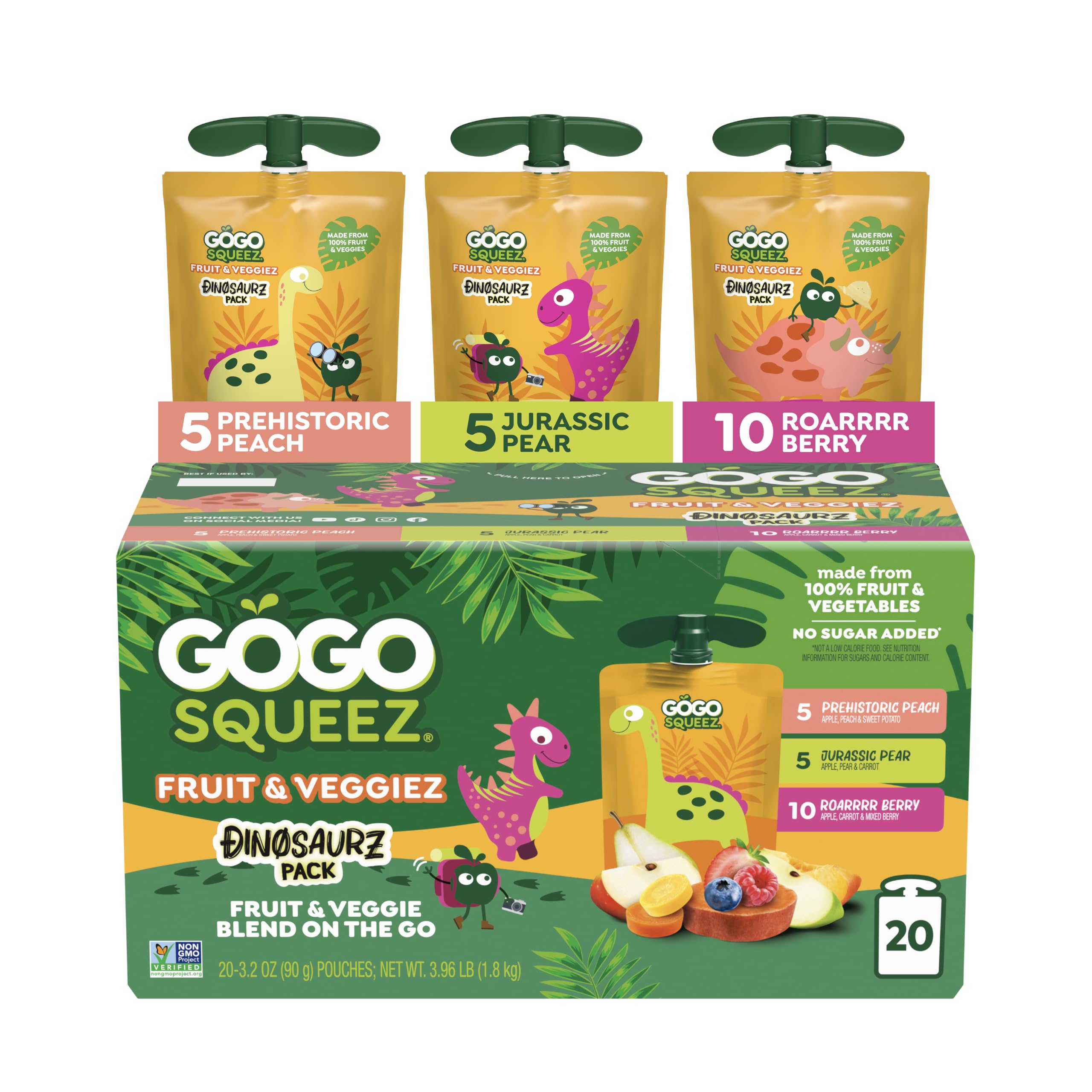 GoGo squeeZ No Sugar Added Jurassic Fruit & veggieZ Applesauce, 20 Count | Kids 