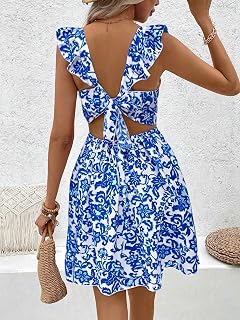 Women Floral Mini Dress Square Neck Ruffle Cap Sleeve A-Line Dress with Back Tie for Summer Beach