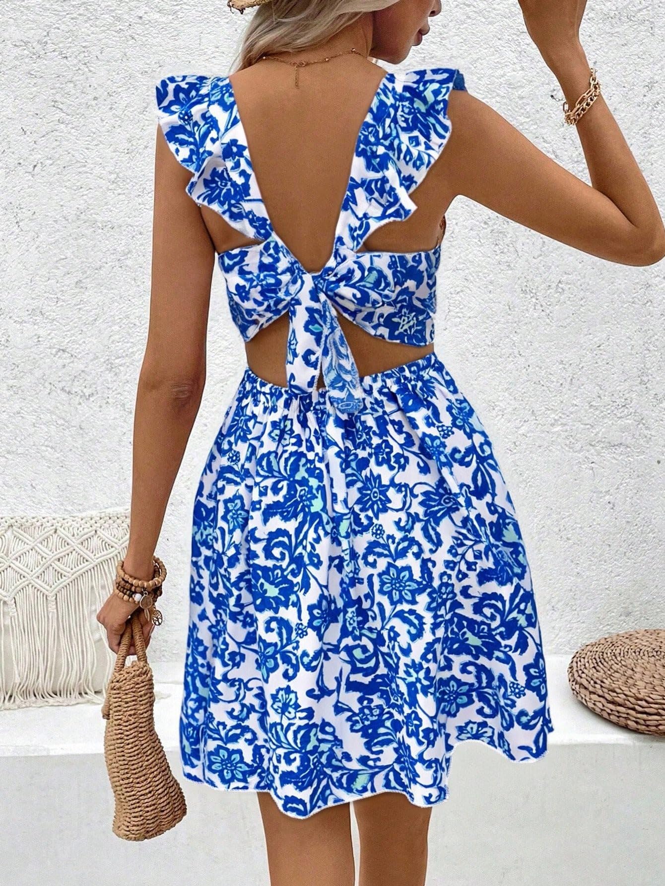 Women Floral Mini Dress Square Neck Ruffle Cap Sleeve A-Line Dress with Back Tie