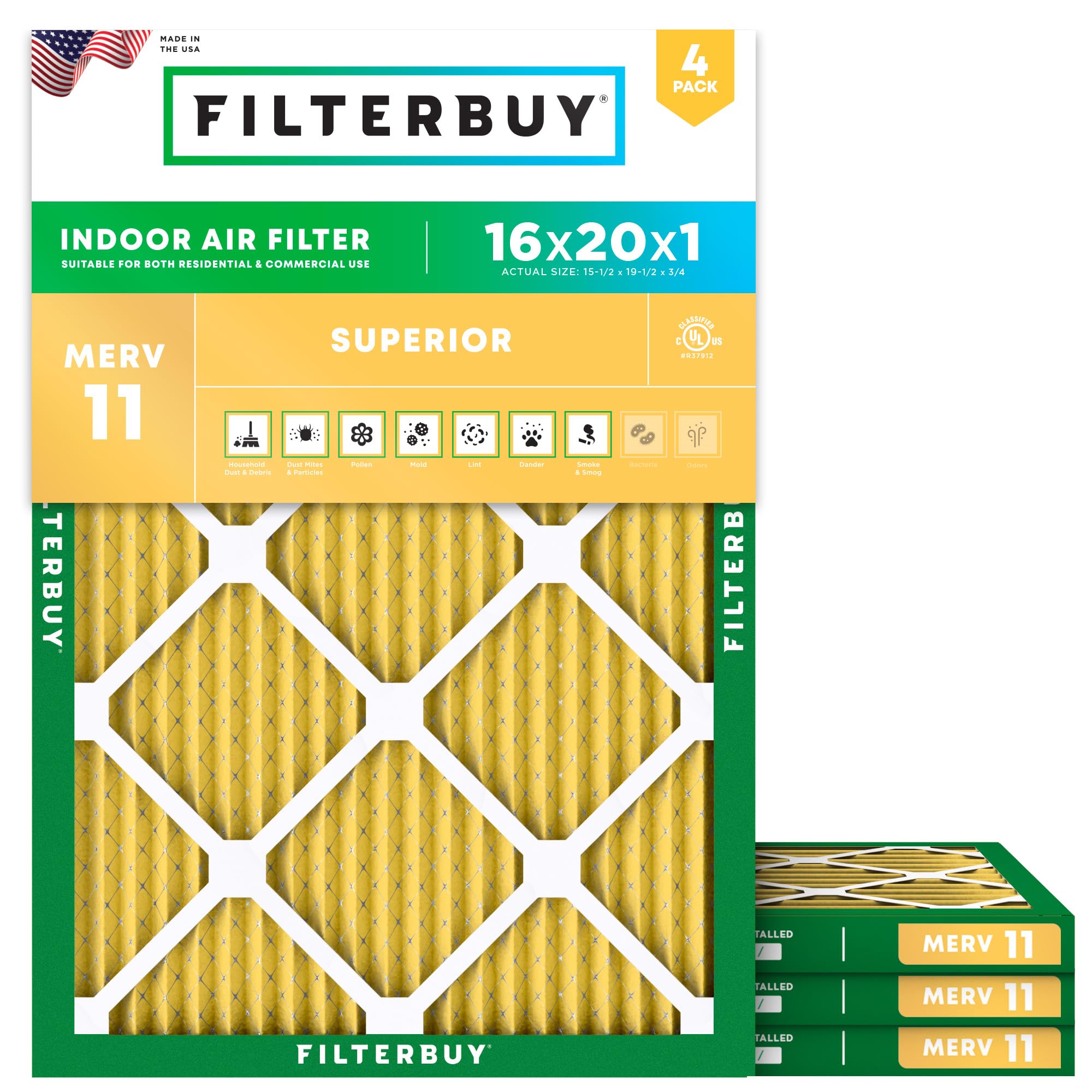 Filterbuy 16x20x1 Air Filter MERV 11 Pet & Allergy Defense (4-Pack) | Electrosta
