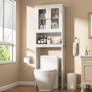 Shintenchi Over the Toilet Storage Cabinet, Bathroom Shelf Organizer with Anti-Tip Device, Small Freestanding Space Saver with Adjustable Shelf and Glass Door, White