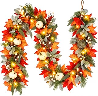 Lewondr 6ft Fall Garland with Lights for Mantel, 20 LED, Maple Leaves | Red Maple Leaves, Lambs Ear Leaves, Pumpkins Garland with Timer, Fall Decorations for Home Thanksgiving Fireplace Porch Decor