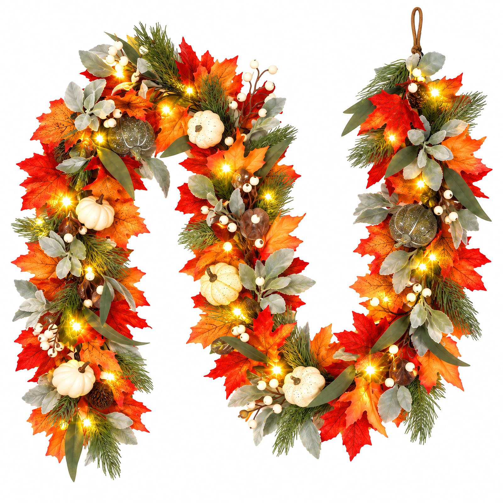 Lewondr 6ft Fall Garland with Lights for Mantel, 20 LED, Maple Leaves | Red Mapl