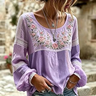 Boho U-Ausschnitt Girlande Rose Stickerei Spitzenbesatz Langarmshirt Damen Weich Frühling Top