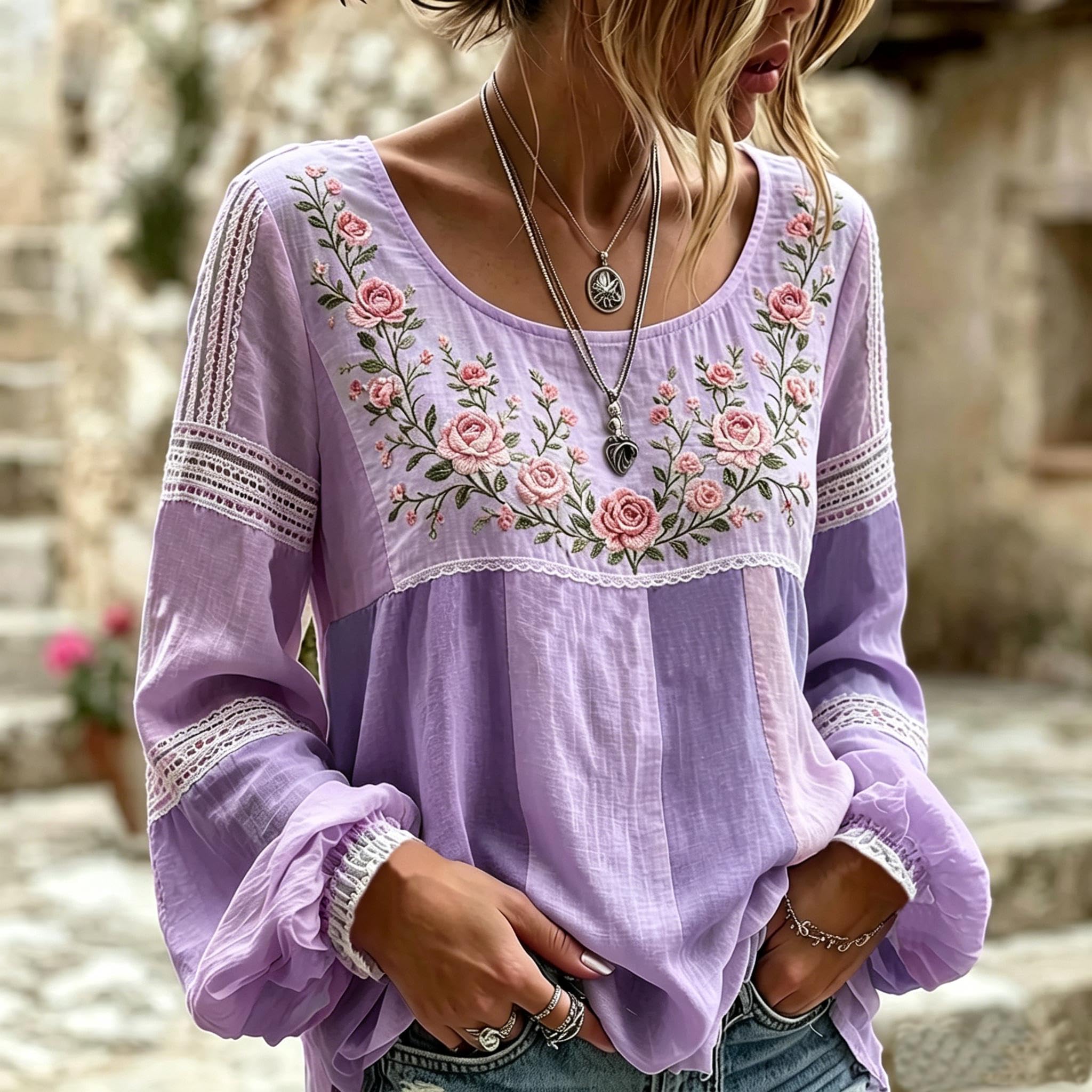 Boho U-Ausschnitt Girlande Rose Stickerei Spitzenbesatz Langarmshirt Damen Weich
