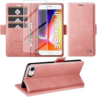 Giyer Mobile Phone Case for iPhone SE 2022/2020 iPhone 8/7 Case with Screen Protector, Stand Function, Card Slot, Wallet, Premium Leather Protective Case, iPhone 7/8/SE 4.7 Inch Flip Case Cover, Shockproof Flip Case (Pink)