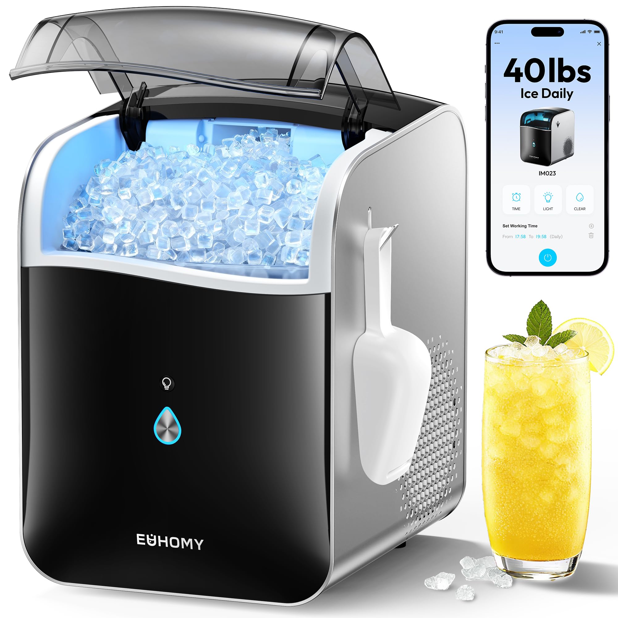 EUHOMY Smart Nugget Ice Maker Countertop, Pebble Ice Maker Machine with APP/Alex