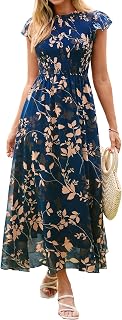 BerryGo Womens Boho Floral Maxi Dress Ruffle Sleeve Chiffon Flowy Wedding Guest Dress Smocked Waist Modest Western Dress