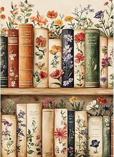RICUVED Books Diamond Art Kits for Adults, Flowers Diamond Painting Kits for Beginners, 5D DIY Full Round Drill Gem Dots Bookshelf Paint by Diamonds Art and Craft Kit for Gift Home Decor 12x16 inch
