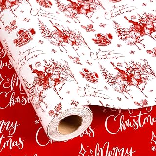 Burymento Western Christmas Wrapping Paper Roll, Vintage Red Toile de Jouy Cowboy Santa Gift Wrapping Paper, Reversible Merry Christmas Gift Wrap for Xmas Present Packaging,Holiday (17 Inch X 33 Feet)
