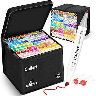 Caliart Alcohol Markers 100 Colors Dual Tip Fine &amp; Chisel Art Markers Pens | Permanent Alcohol Based Sketch Markers Set with Case for Artists, Adults Coloring Books, Drawing Illustration (White Barrel)