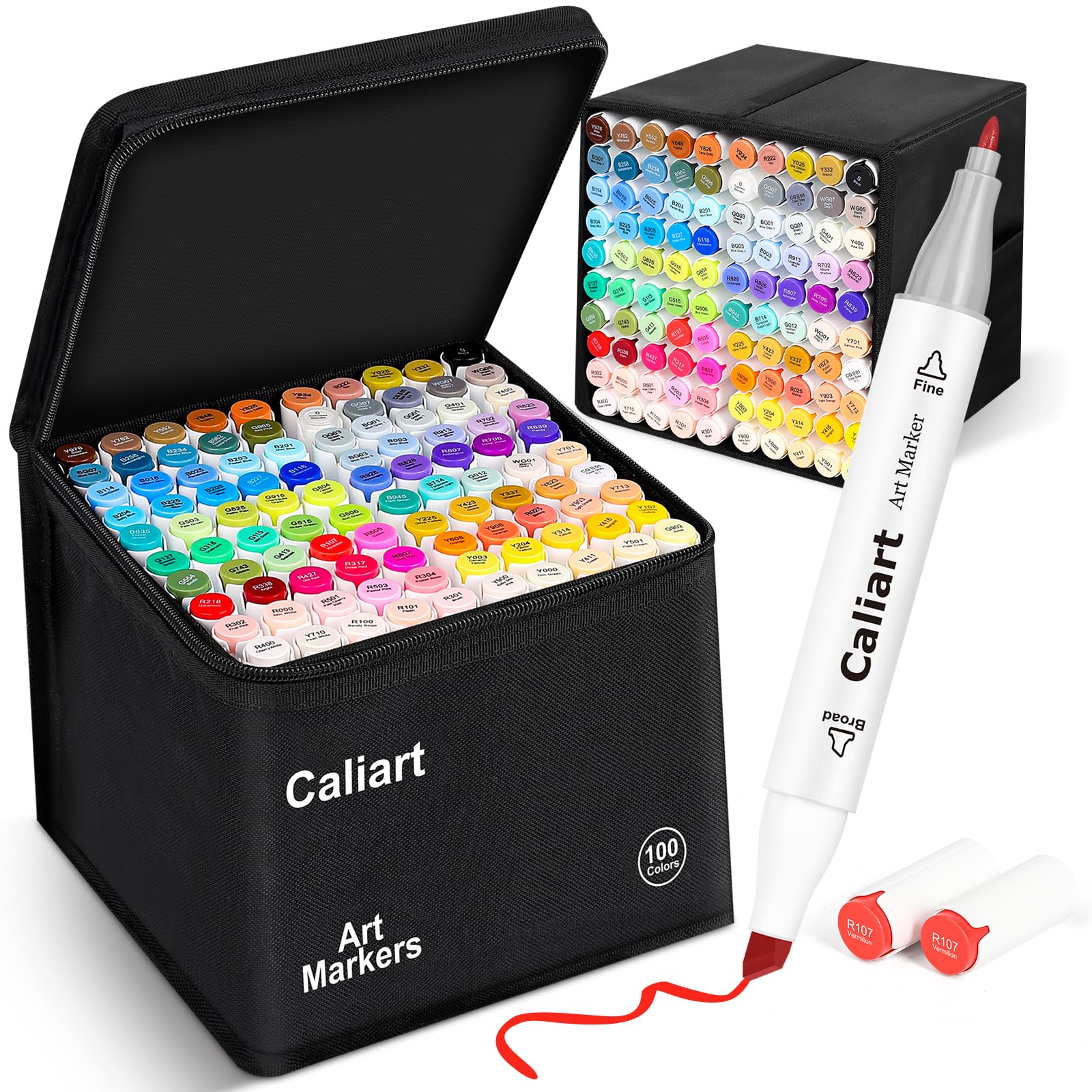 Caliart Alcohol Markers 100 Colors Dual Tip Fine &amp; Chisel Art Markers Pens |