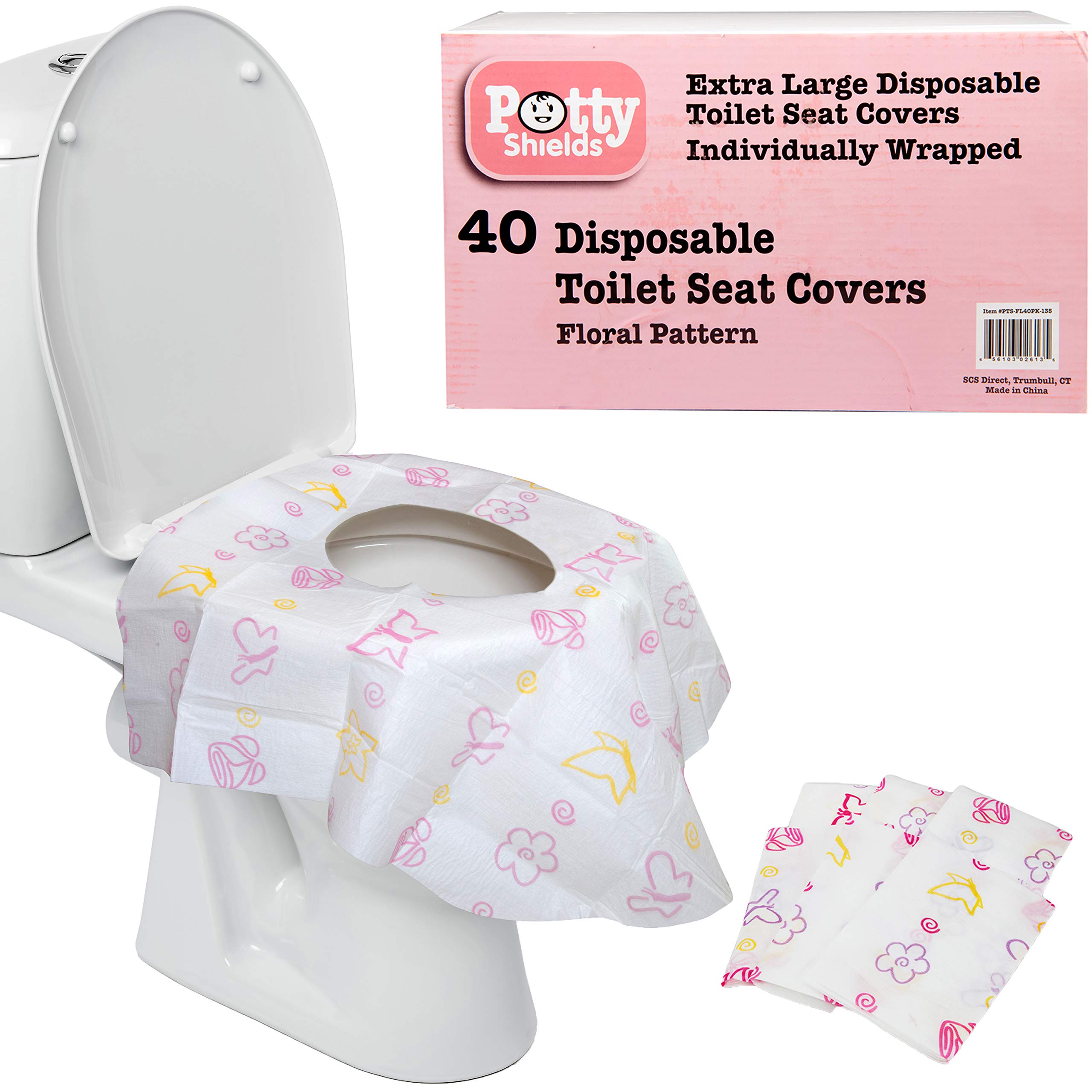 Potty Shields Waterproof Disposable Toilet Seat Covers, Floral 40 Pack | XL Toil