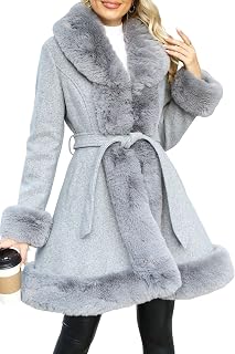 Bellivera Faux Fur Jacket Women Furry Trim Thicken Belted Parka