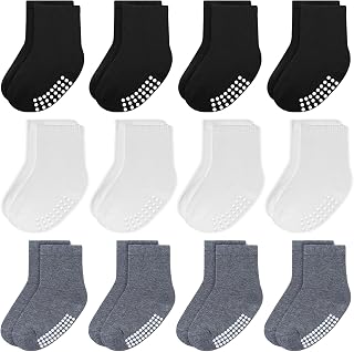 JAKIDAR 12 Pack Baby Toddler Socks Non Slip Grip Cotton Crew Socks for Boys Girls Infants Kids