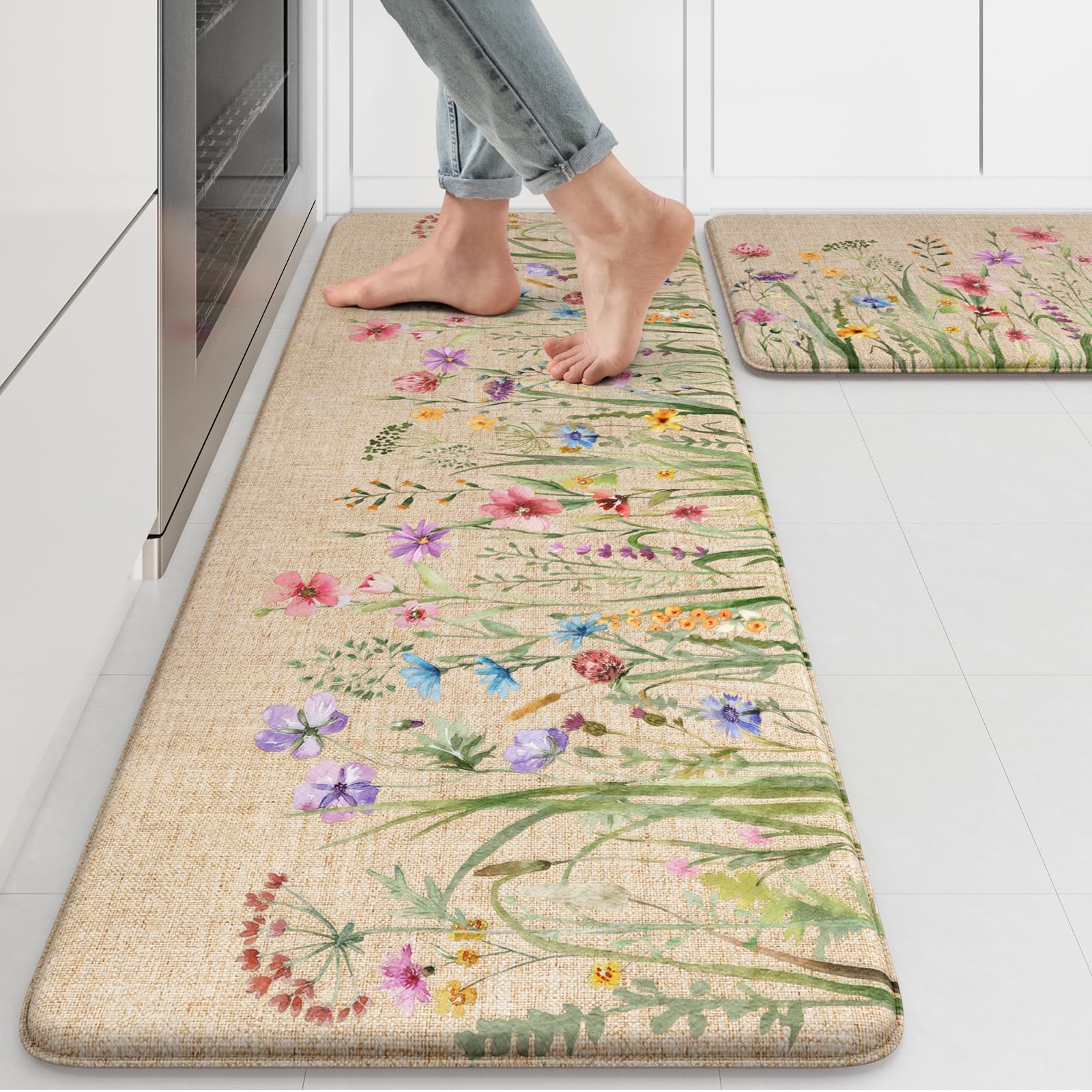 KIMODE Anti Fatigue Kitchen Mats, Farmhouse Floral Kitchen Rugs Sets of 2 | 17"x