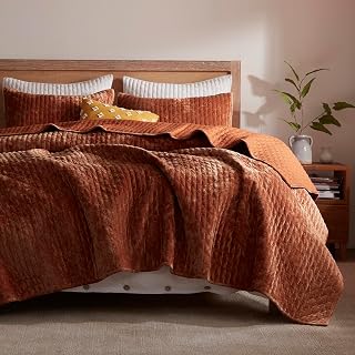 LEAONME Velvet Quilt California King Size 118''x106'', Lightweight Burnt Orange Velvet Comforter Set with 2 Matching Shams, Soft Cross Stitch Bedspread, Oversized King Quilt Set for All Season