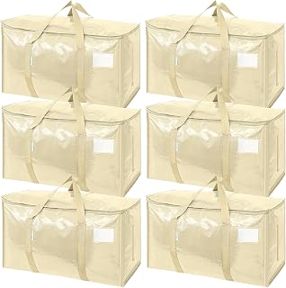 TICONN 6 Pack Extra Large Moving Bags Heavy Duty with Zippers & Carrying Handles, Durable Storage Bags Moving Boxes for Closet Organizers and Storage (6 Pack, Cream)