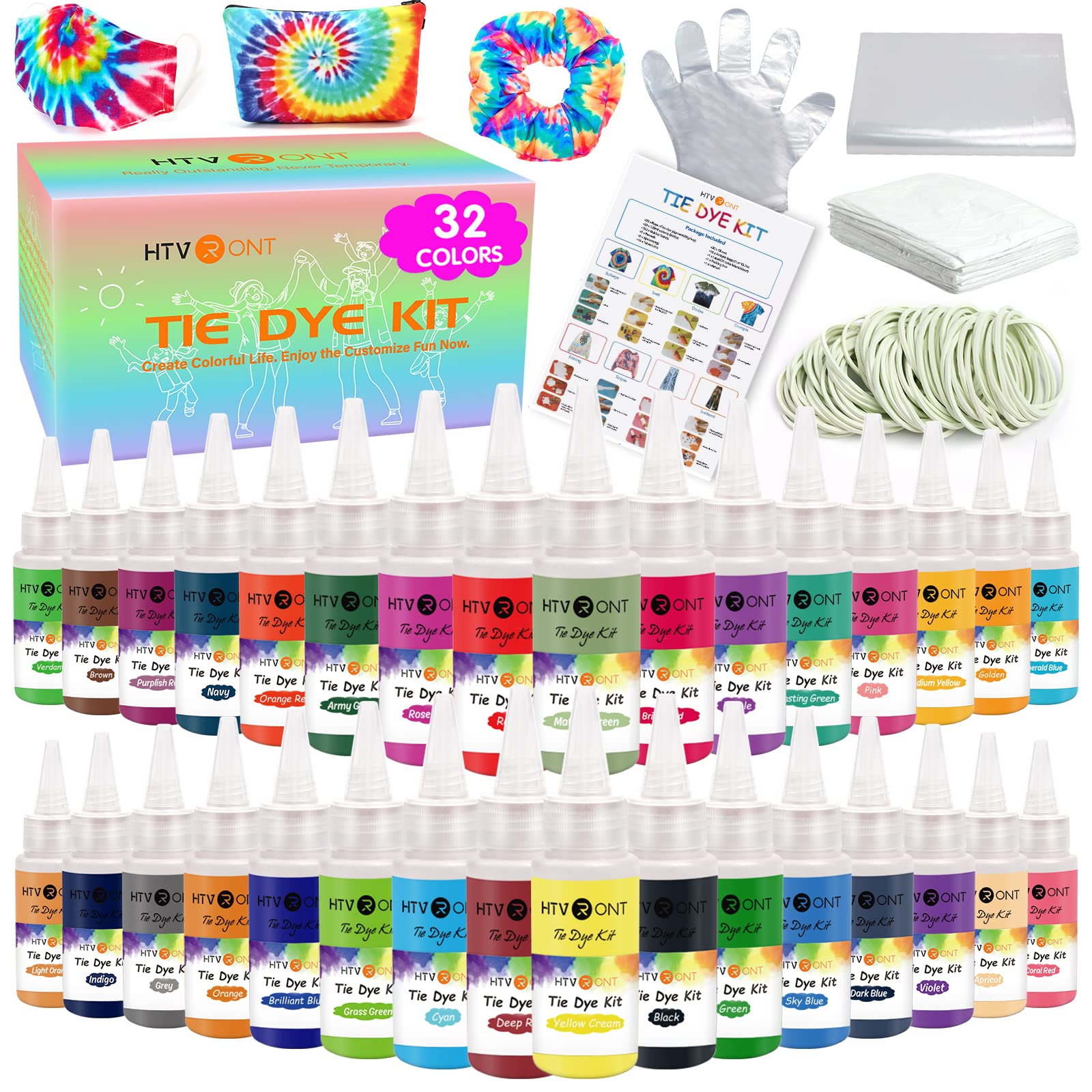 HTVRONT Tie Dye Kit, 32 Vibrant Vivid Permanent Colors, Just Add Water | Easy to