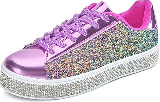 UUBARIS Women's Glitter Tennis Sneakers Neon Dressy Sparkly Sneakers Rhinestone Bling Wedding Bridal Shoes Shiny Sequin Shoes