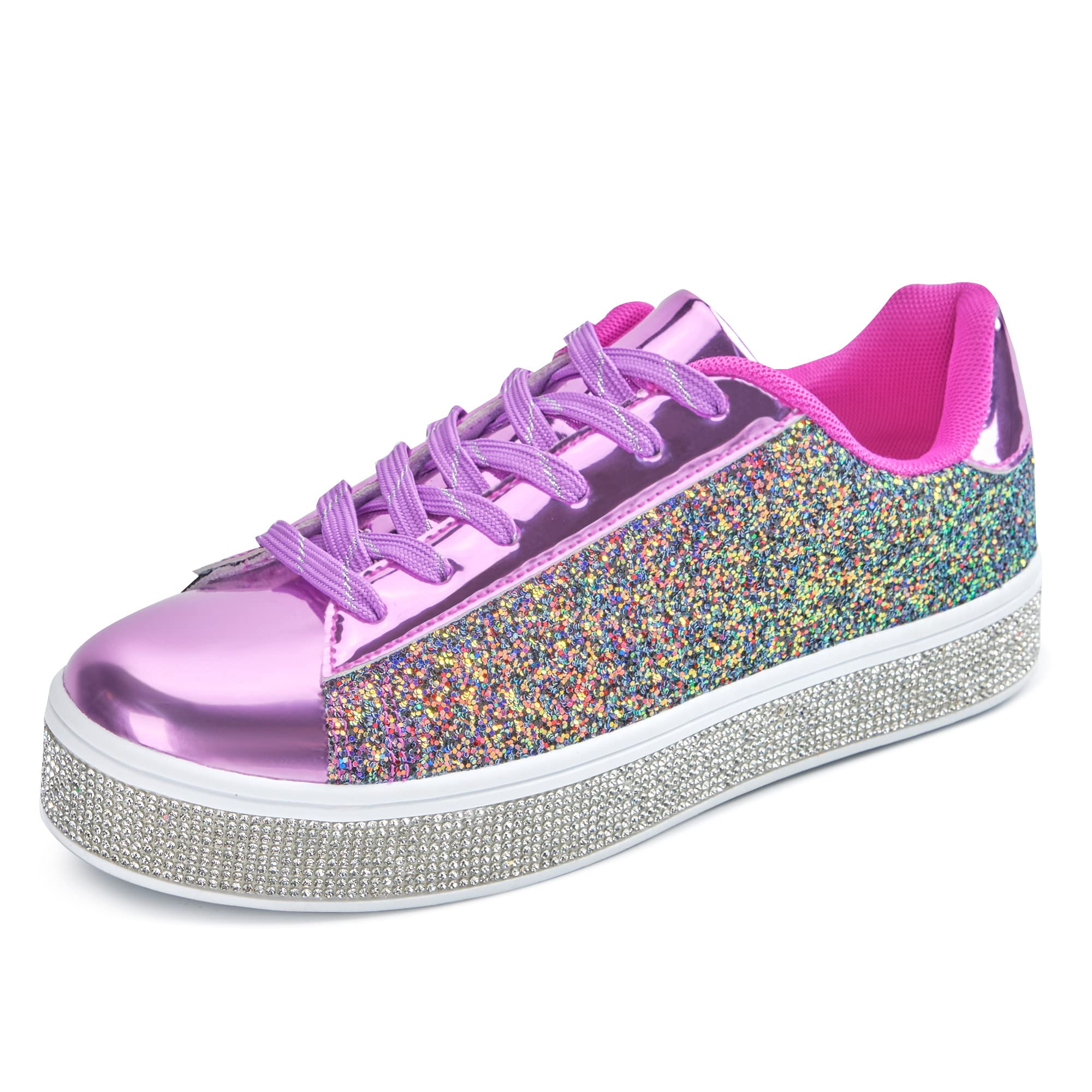 UUBARIS Women's Glitter Tennis Sneakers Neon Dressy Sparkly Sneakers Rhinestone 