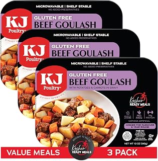 KJ Poultry Kosher for Passover Gluten Free Meals, Beef Goulash Stew with Vegetables (3 Pack) Prepared Entree Fully Cooked, Shelf Stable Microwave Dinner, Travel, Military, Camping, Emergency Survival